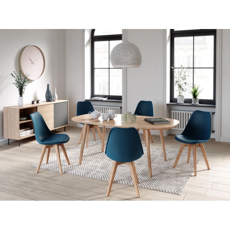 SAREN - Lot de 4 chaises scandinaves en simili avec pieds bois - Bleu