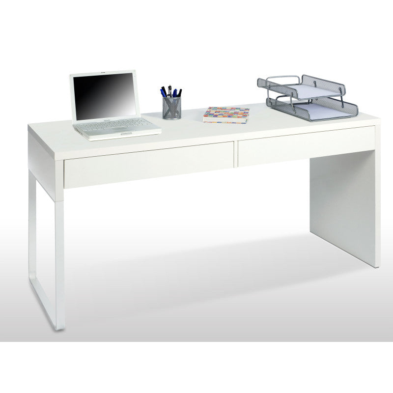 VIGO - Bureau design piètement réversible 2 tiroirs L138 cm - Blanc